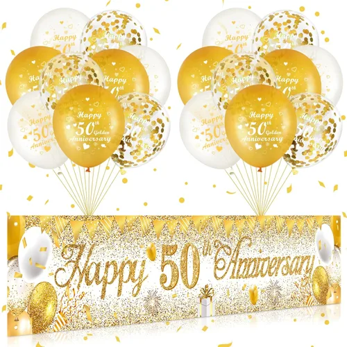 Decoraciones de aniversario de boda de 50 años, pancarta de feliz 50 aniversario de oro blanco y 18 globos dorados de aniversario de boda 50 para