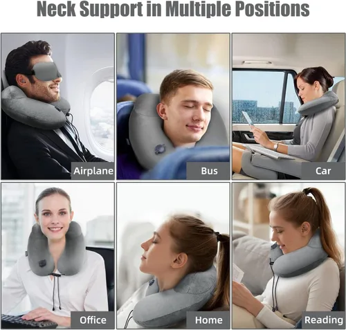 Miniatura 6 de Almohada inflable para el cuello de viaje para aviones, soporte de cuello de terciopelo súper suave, firmeza ajustable, almohada inflable
