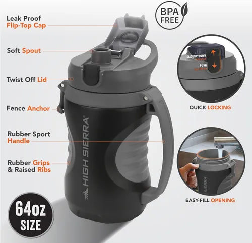 Miniatura 6 de HIGH SIERRA, [Libre de BPA] Botella de agua aislada de 64 onzas, boquilla de silicona, anclaje de valla integrado, mantiene el agua fría durante
