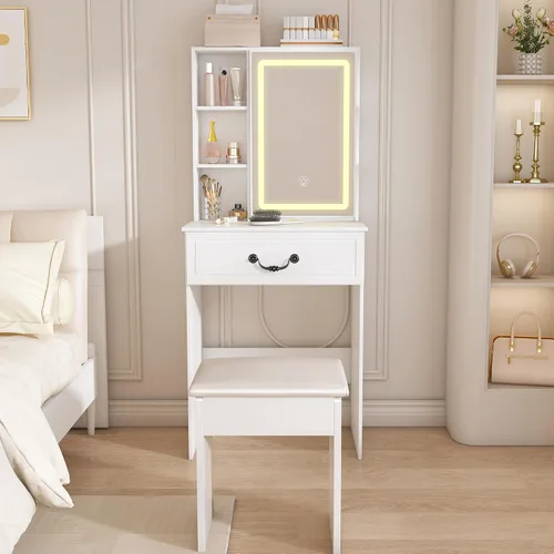 Miniatura 15 de Escritorio de tocador abatible con espejo iluminado LED y toma de corriente integrada, mesa de tocador de maquillaje con 2 cajones, almacenamiento