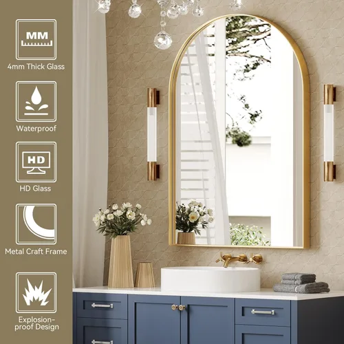 Miniatura 2 de Brightify Espejo arqueado, espejo de arco dorado de 24 x 36 pulgadas, marco de metal, espejo de pared arqueado dorado, espejo de tocador de baño