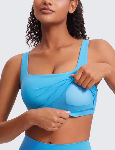 Miniatura 47 de CRZ YOGA Butterluxe Brasier deportivo de cuello cuadrado para mujer, estilo camiseta corta sin mangas, acolchado con soporte integrado para yoga