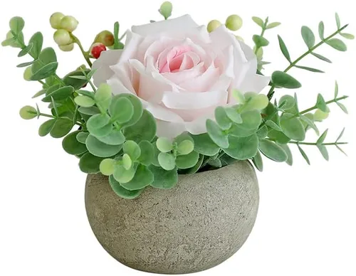 Miniatura 29 de Decoración de rosas artificiales en maceta, mini plantas de imitación para decoración de interiores, rosas falsas para el hogar, baño, cocina