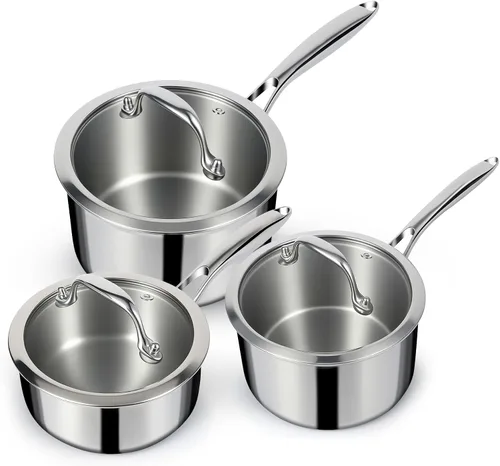 Miniatura 10 de EWFEN Juego de sartenes de acero inoxidable de 3 capas con tapas, olla multiusos de 1 y 2 cuartos de galón, mango que se mantiene fresco, horno