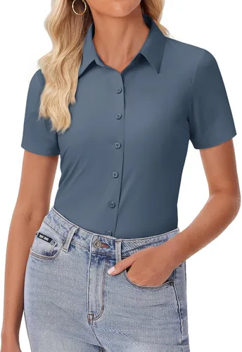 Miniatura 15 de siliteelon Camisa de vestir con botones para mujer, ajustada, elástica, de manga corta, sin arrugas, sólida, formal, para el trabajo