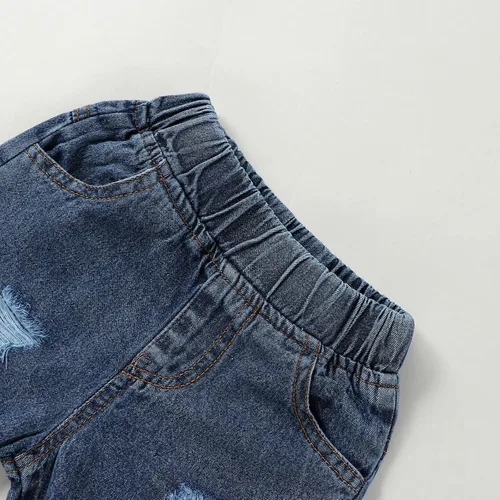 Miniatura 6 de Noubeau Traje de niña del 4 de julio con diseño de bandera americana, top halter para niñas, jeans rasgados, pantalones cortos de mezclilla, ropa
