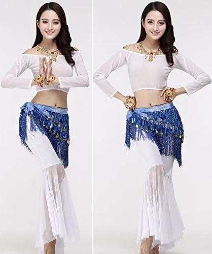 Miniatura 8 de MUNAFIE Belly Dance Hip Scarf with Tassels Sequins, Triangle Coins Wrap Skirt Music Festival Clothing Skirt