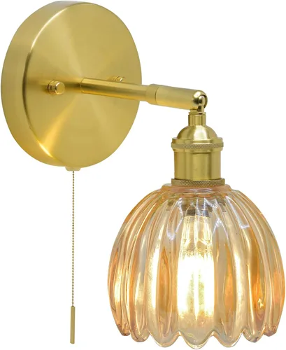 Aplique de pared de tulipán ámbar moderno vintage con interruptor de cadena, marco de metal de vidrio ámbar y latón, pantalla ajustable de 90