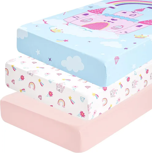 Miniatura 31 de PHF 3 paquetes de sábanas de cuna suaves, sábanas bajeras florales rosa transpirables y cómodas para niñas, ajuste universal sin deslizamiento