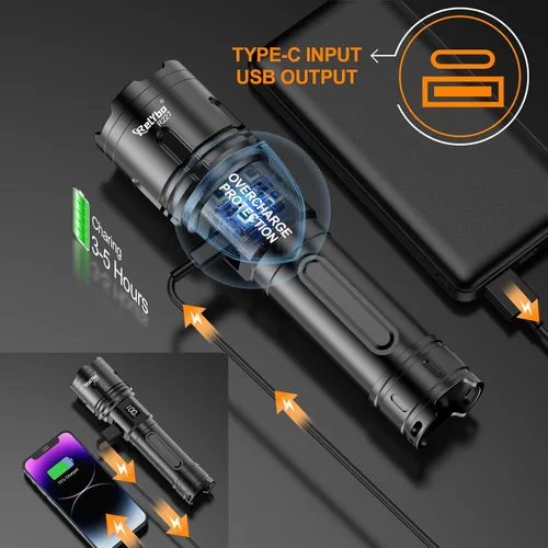 Miniatura 9 de Relybo Linternas recargables de alto lúmenes, linterna LED de 100000 lúmenes, linternas superbrillantes de alta potencia, largo alcance de 5000