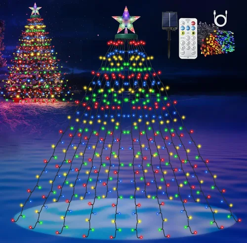 Miniatura 9 de Luces solares para árbol de Navidad con estrella de 6.6 pies x 16 líneas, 410 luces LED de Navidad con 8 modelos de temporizador remoto, luces