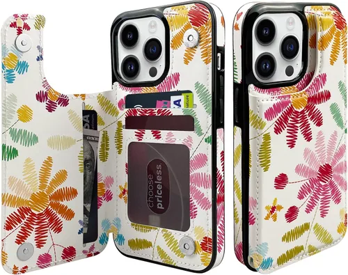 Funda de piel con tapa para tarjetas compatible con iPhone 13 Pro de 6.1 pulgadas, para mujeres y niñas, con tarjetero y función atril, doble cierre