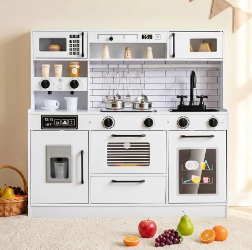 INFANS Juego de cocina para niños, cocina de madera con sonido ligero realista, juguete de cocina para niños y niñas mayores de 3 años (blanco)