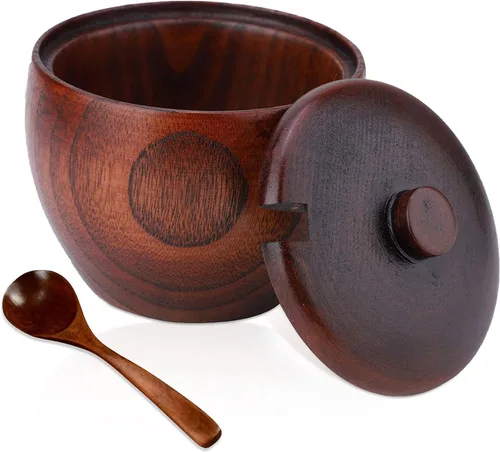 Miniatura 9 de Caja de sal de madera maciza para condimentos, contenedor de almacenamiento con cuchara y tapa, azucarero de cocina redondo para especias para sal