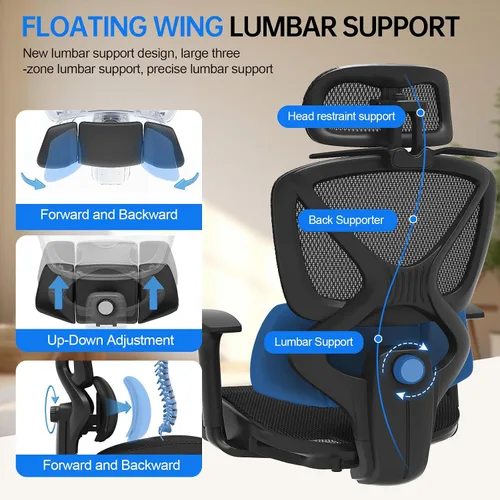 Miniatura 3 de Freepub Silla de oficina ergonómica de malla, silla de escritorio para el hogar, cómoda con soporte lumbar ajustable, reposacabezas y reposabrazos