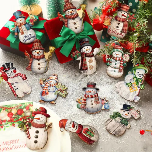 Miniatura 2 de Huwena 36 piezas de adornos de muñeco de nieve de Navidad para árbol, adornos de muñeco de nieve de Navidad, tallas de madera, adornos de árbol