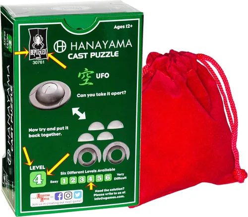 Miniatura 6 de UFO Hanayama Brain Teaser rompecabezas, nueva versión 2019, clasificación de dificultad de nivel 4, bolsa de terciopelo rojo con cordón, paquete