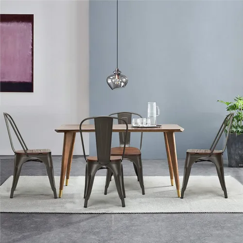Miniatura 2 de HAPPYGRILL Juego de 4 sillas de comedor, sillas de cocina de metal para interiores y exteriores con asiento de madera y respaldo alto, sillas