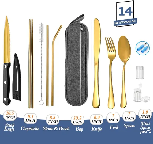 Miniatura 2 de Juego de utensilios de viaje de acero inoxidable con estuche, cubiertos portátiles, palillos, pajilla, color dorado