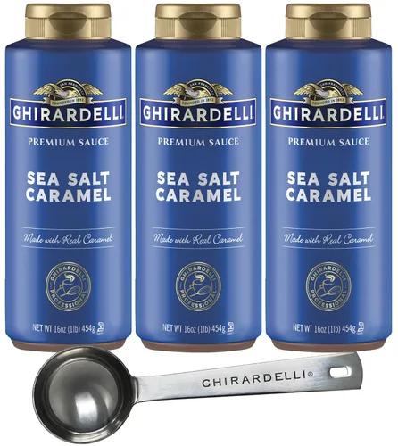 Miniatura 10 de Ghirardelli 1 - Salsas de caramelo y 2 - salsa de caramelo con sal marina, botellas de presión de 16 oz con cuchara barista estampada
