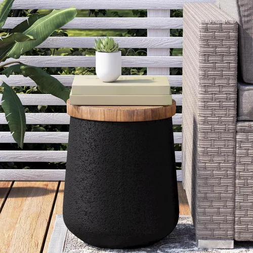 COSIEST Mesa auxiliar de tambor con forma de cilindro de hormigón con parte superior de madera sintética, mesa de acento negra para exteriores con