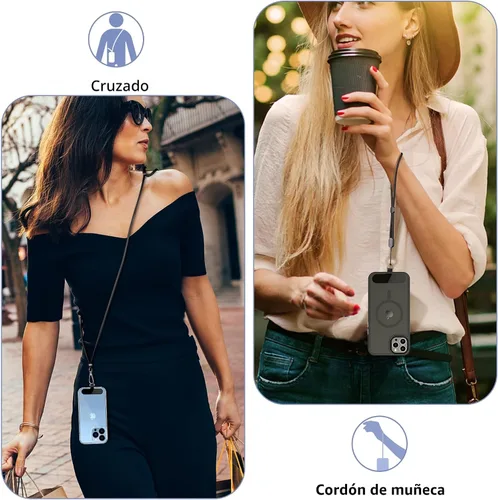 Miniatura 3 de CACOE Cordón para teléfono celular 2 piezas - 1 pieza correa ajustable para el cuello, 1 pieza correa de muñeca, 2 piezas almohadillas, cruzado Negro