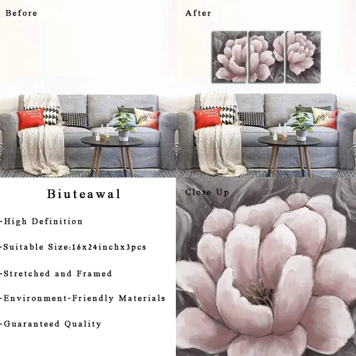 Miniatura 6 de Biuteawal Lienzo de flores para pared, arte abstracto de color rosa y gris, elegante pintura floral, imágenes de naturaleza muerta para el hogar