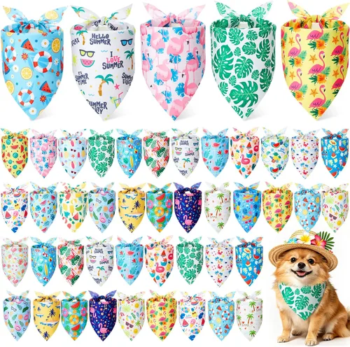 Sweetude 50 Pcs Dog Bandanas Bulk for Summer Hawaii Puppy Bandanas Adjustable Triangle Scarf Set Holiday for Small Medium Large Pet Costume