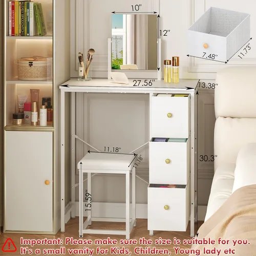 Miniatura 2 de Escritorio pequeño de 27.5 pulgadas con espejo y silla, juego de tocador de maquillaje compacto con silla, tocador pequeño con 3 cajones de tela