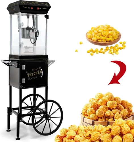 Miniatura 7 de Máquina de palomitas de maíz con carrito, con ruedas y cuchara de aceite de acero inoxidable de 6 onzas, carrito móvil con taquillas para cine