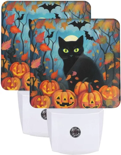 Miniatura 28 de Paquete de 2 luces LED de noche enchufables con diseño de calabazas de Acción de Gracias, sensor automático, hojas de otoño, juego de 2