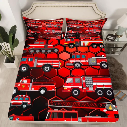 Miniatura 2 de Erosebridal Sábanas bajeras de camión de bomberos para niños, sábana bajera de panal de abejas de color rojo, tamaño individual, sábanas