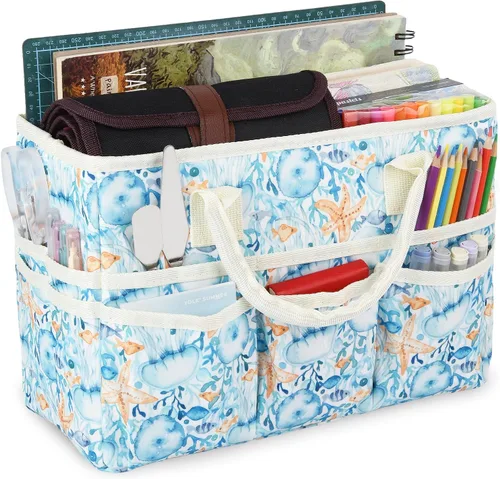 Miniatura 14 de Bolsa de mano organizadora de manualidades con múltiples bolsillos, gran caddy de almacenamiento de arte con asas para arte, manualidades, costura