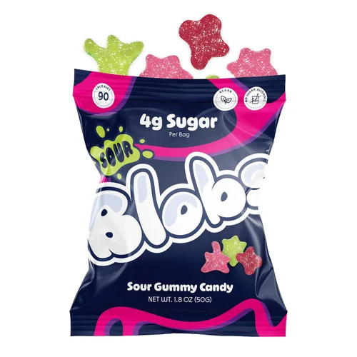 Blobs SOUR Gummy Candy bajo en azúcar y bajo en calorías, sin alcoholes de azúcar, vegano, sin colorantes, sandía, lichi, cereza negra Ras, fresa