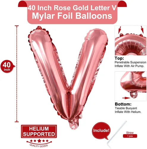 Miniatura 2 de Lovoir Globos grandes de 40 pulgadas de oro rosa de la letra V, globo de helio de aluminio de Mylar de gran tamaño para fiesta de cumpleaños, Letra