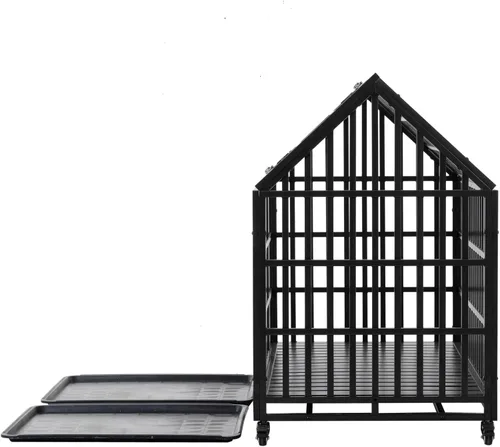 Miniatura 5 de Jaula de perro resistente de 52 pulgadas, jaula grande para perros, perreras y jaulas de metal fuerte para perros grandes con 4 ruedas con cerradura