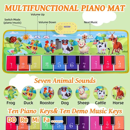 Miniatura 2 de Alfombra de piano de suelo para niños pequeños, alfombra de baile de música educativa sensorial, manta de sonidos de animales, tapete de juego
