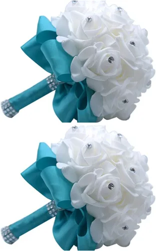 Miniatura 6 de S_SSOY Ramo de boda de cristal PE rosas para novia, dama de honor, flores de mano para fiesta, iglesia, día de San Valentín, azul marino