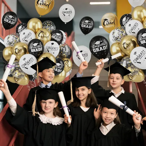Miniatura 5 de FEYG Globos de graduación, 52 piezas, 12 pulgadas, negro dorado graduación, estampado graduación, clase de 2025, decoraciones de fiesta de graduación