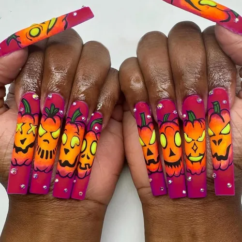 Miniatura 18 de IMSOHOT Uñas postizas, acrílicas de color naranja mate, puntas francesas cuadradas, 24 unidades, uñas extra largas con pegamento con bonitos diseños