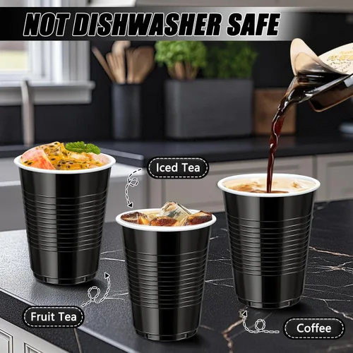 Miniatura 8 de Paquete de 100 vasos de plástico negros de 12 onzas, vasos desechables para fiestas, vasos de bebida resistentes, vasos de graduación para boda