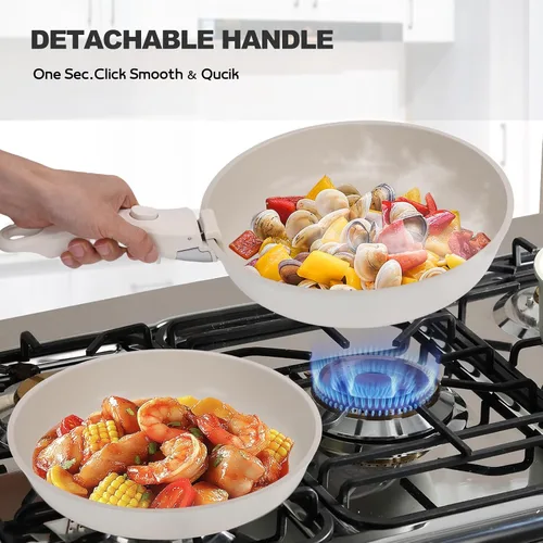Miniatura 4 de Juego de 20 ollas y sartenes de cerámica antiadherentes, juego de utensilios de cocina con asas desmontables, apto para horno, listo para inducción