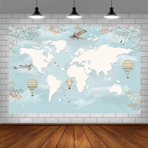 Miniatura 3 de Sendy Fondo de viaje de 7 x 5 pies, decoración de fiesta de baby shower, mapa del mundo alrededor del mundo, aventura espera avión, cumpleaños