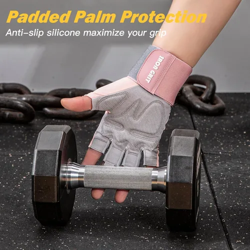 Miniatura 3 de Guantes de levantamiento de pesas de grano de hierro, para hombres y mujeres, guantes de entrenamiento con soporte de muñeca para ejercicio, Rosa