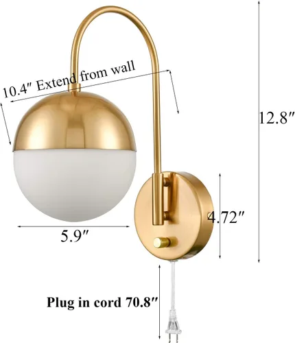Miniatura 5 de Lámpara de pared moderna de mediados de siglo con interruptor, lámpara de pared dorada con acabado de latón, lámpara de pared con globo de vidrio