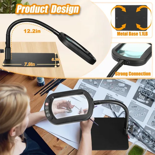 Miniatura 5 de Veemagni 12 lupas rectangulares con luz y soporte, lámpara de escritorio con luz LED de cuello de cisne flexible, 5 modos de color regulable