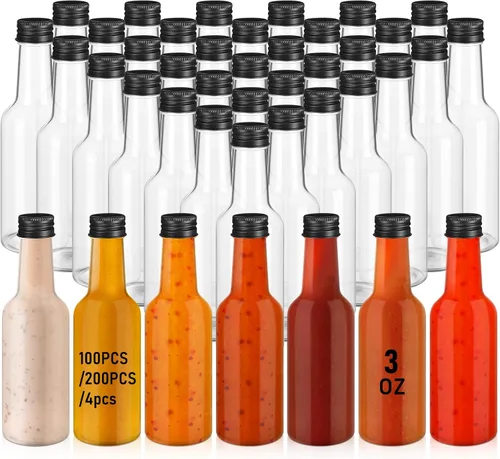 Zubebe 4 botellas pequeñas de plástico transparente para salsa picante, botellas vacías con tapa de rosca negra a prueba de fugas, mini tarros de