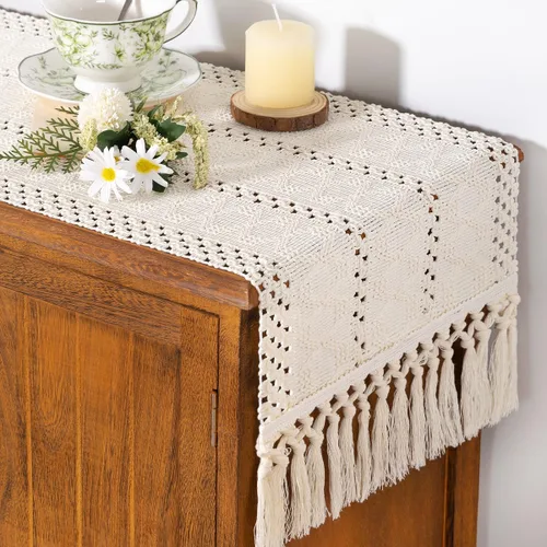 Miniatura 23 de Socomi Camino de mesa bohemio de verano rústico para comedor, cocina, centro de mesa, decoración pequeña de macramé de algodón y lino, camino