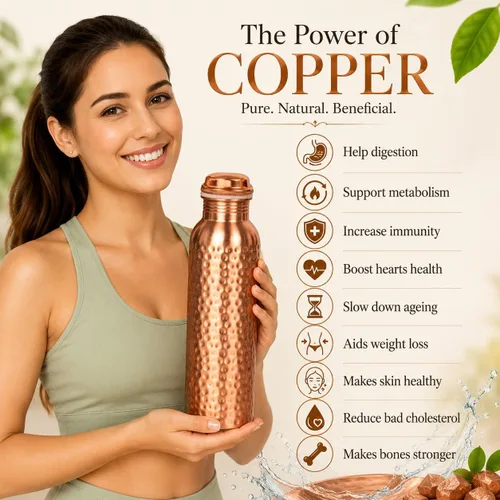 Miniatura 4 de Botella de agua de cobre puro – Hecho a mano – Beneficios para la salud Ayurveda – Grande 34 oz – A prueba de fugas, fácil de llevar para deportes