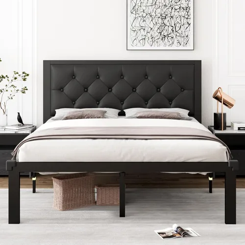 Miniatura 8 de iPormis Marco de Cama de Metal Completo, Marco de Cama Plataforma de Cuero Sintético con Cabecera Capitoné con Botones, 12" de Espacio Bajo la Cama